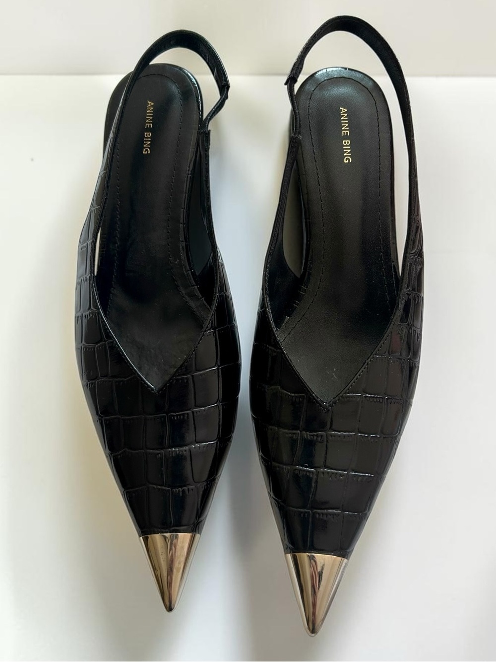 Anine Bing Nina Black Croc Patent Leather Slingback Heels 37 US 7